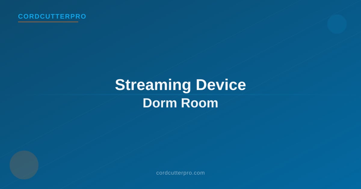 A compact streaming stick plugged into a small dorm TV with a laptop and backpack nearby